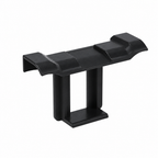 Black solar panel water drainage clip with raised upper ridges and a rectangular lower opening on a white background