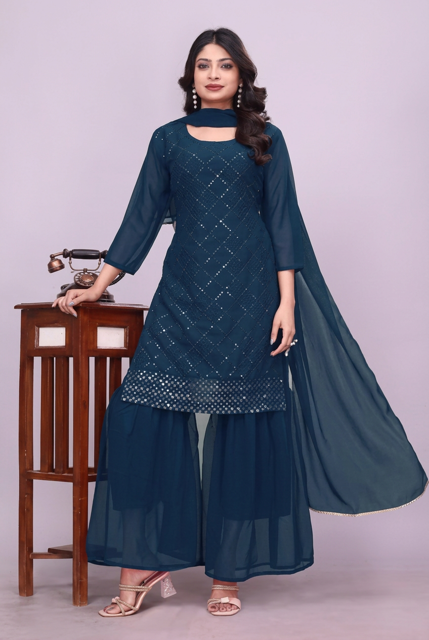 Blue georgette kurta sharara set with dupatta