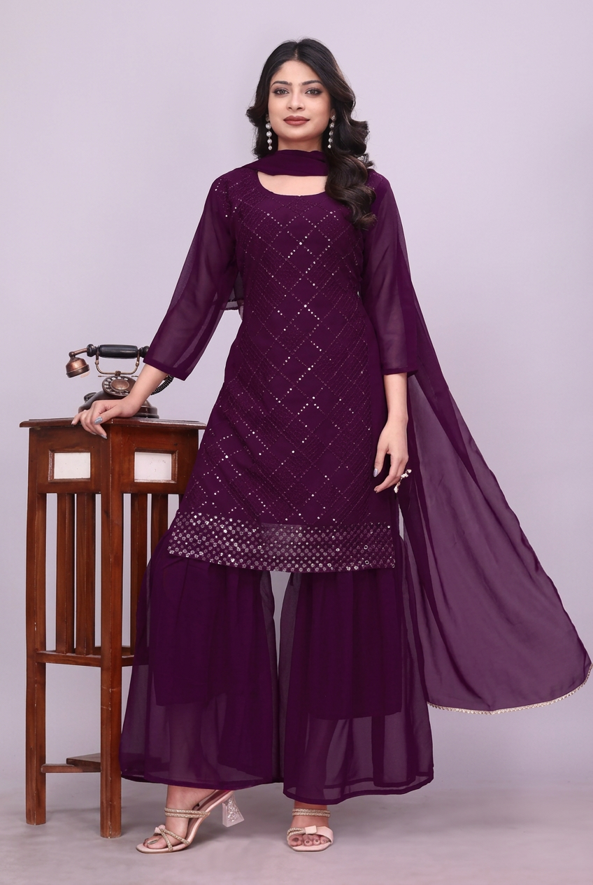 Wine purple georgette kurta sharara set with dupatta