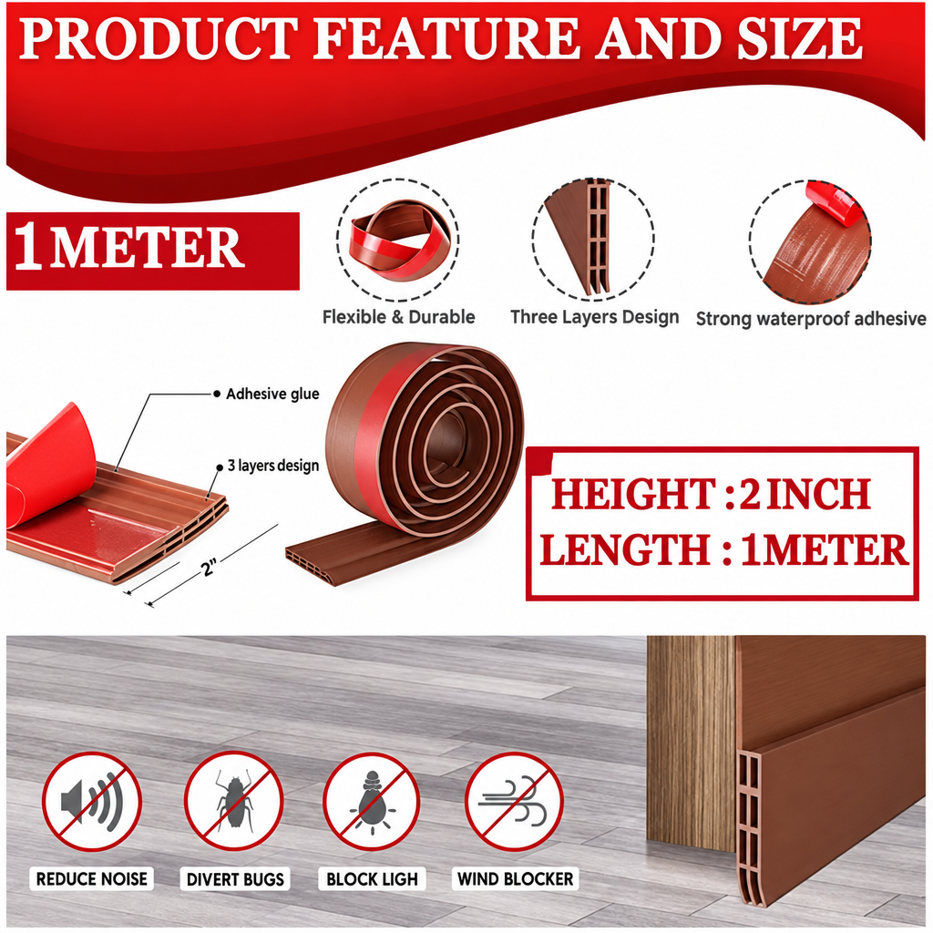 Adhesive Under-Door Draft Stopper & Door Seal – 1 Metre, Coffee Brown