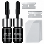 Two black windscreen repair resin bottles with silver collars, pictured beside two blades and clear curing films