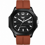 ABREXO ABX-6700 men's watch front view, black 3D dial, brown strap