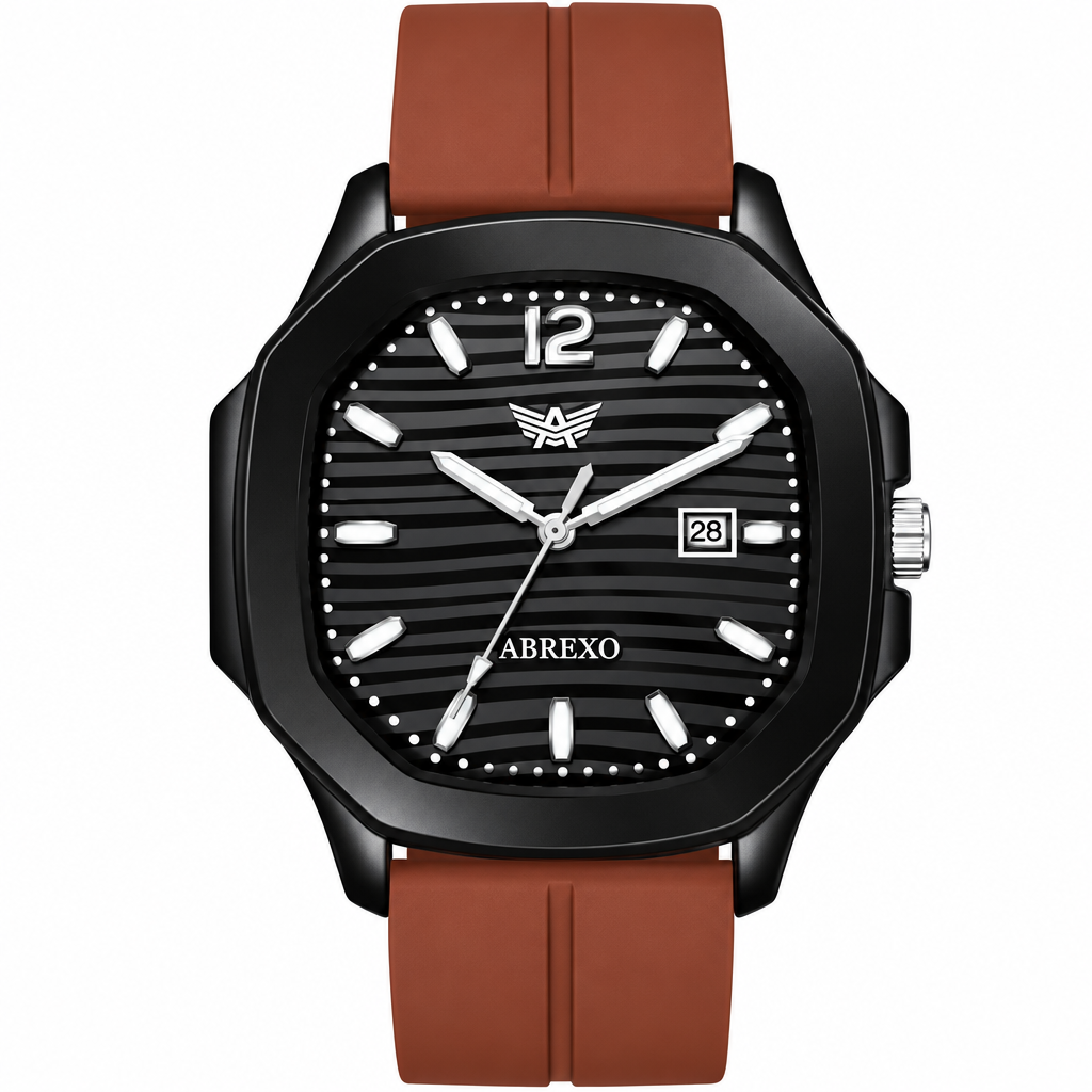 ABREXO ABX-6700 men's watch front view, black 3D dial, brown strap