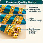 Close-ups of fabric wrapping, golden lace and ghungroo bells