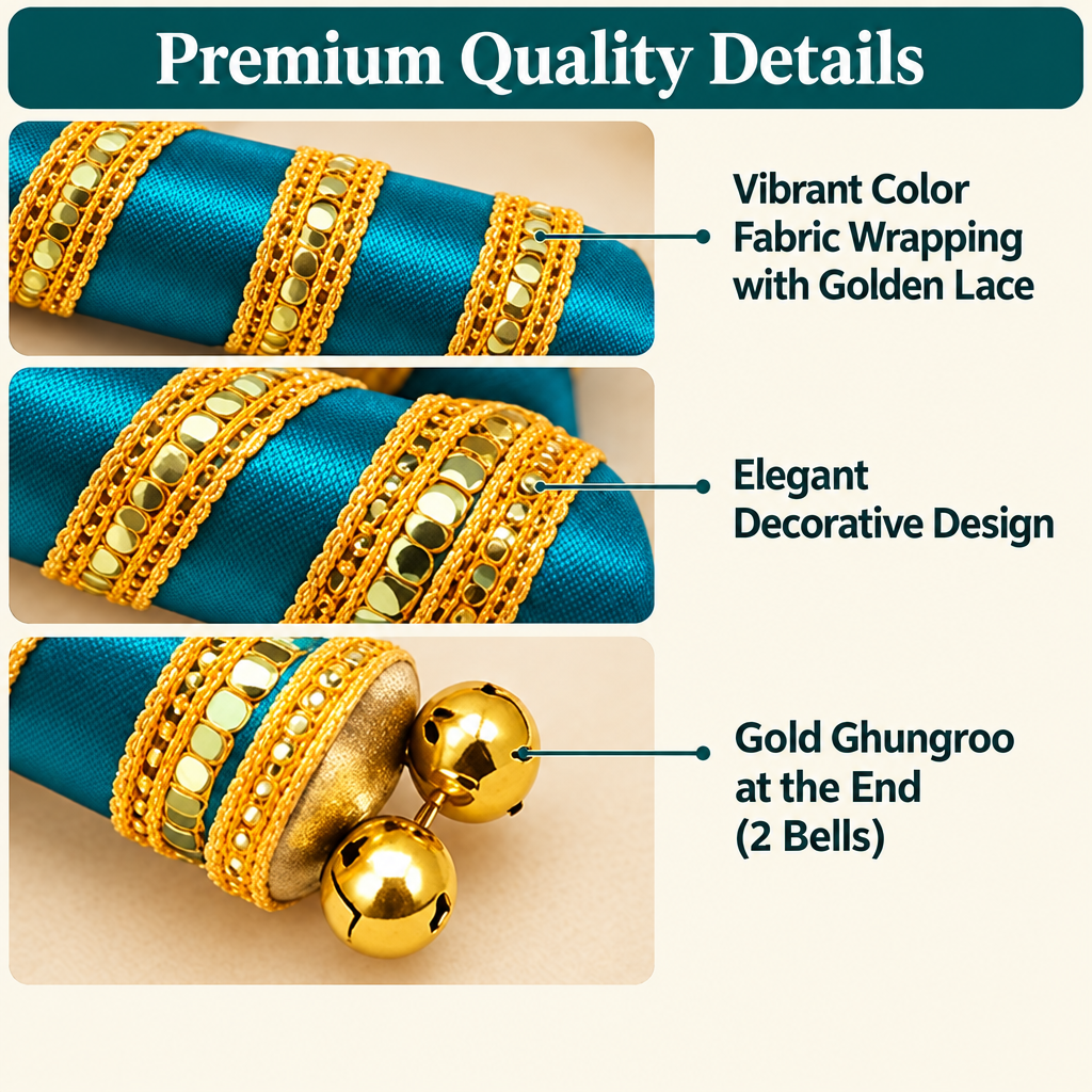 Close-ups of fabric wrapping, golden lace and ghungroo bells