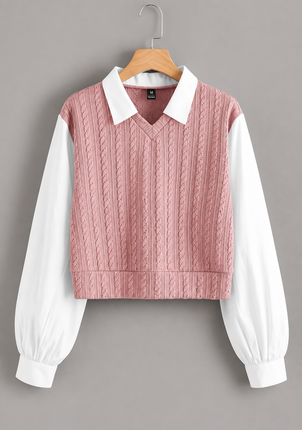 Pink jacquard Korean-style top with white collar and long cuffed white sleeves