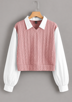 Pink jacquard Korean-style top with white collar and long cuffed white sleeves