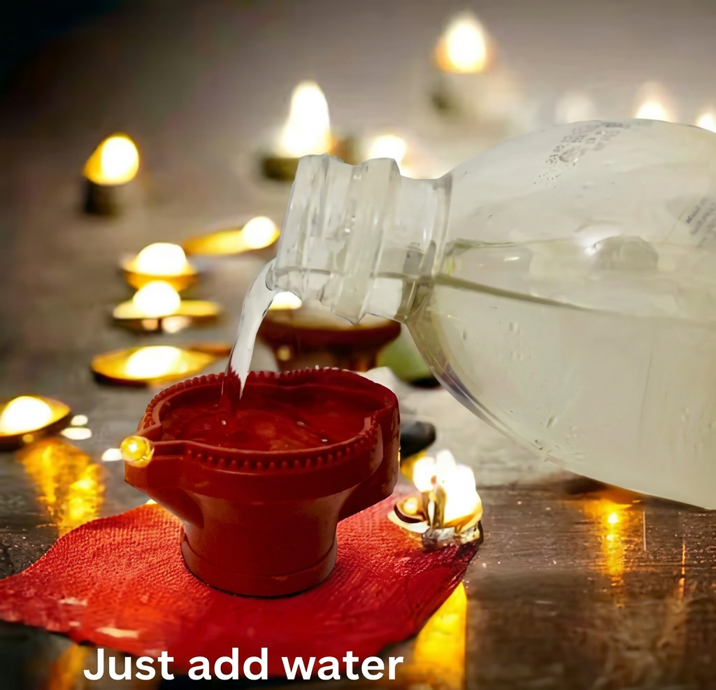 Water being added to a water-sensing LED diya