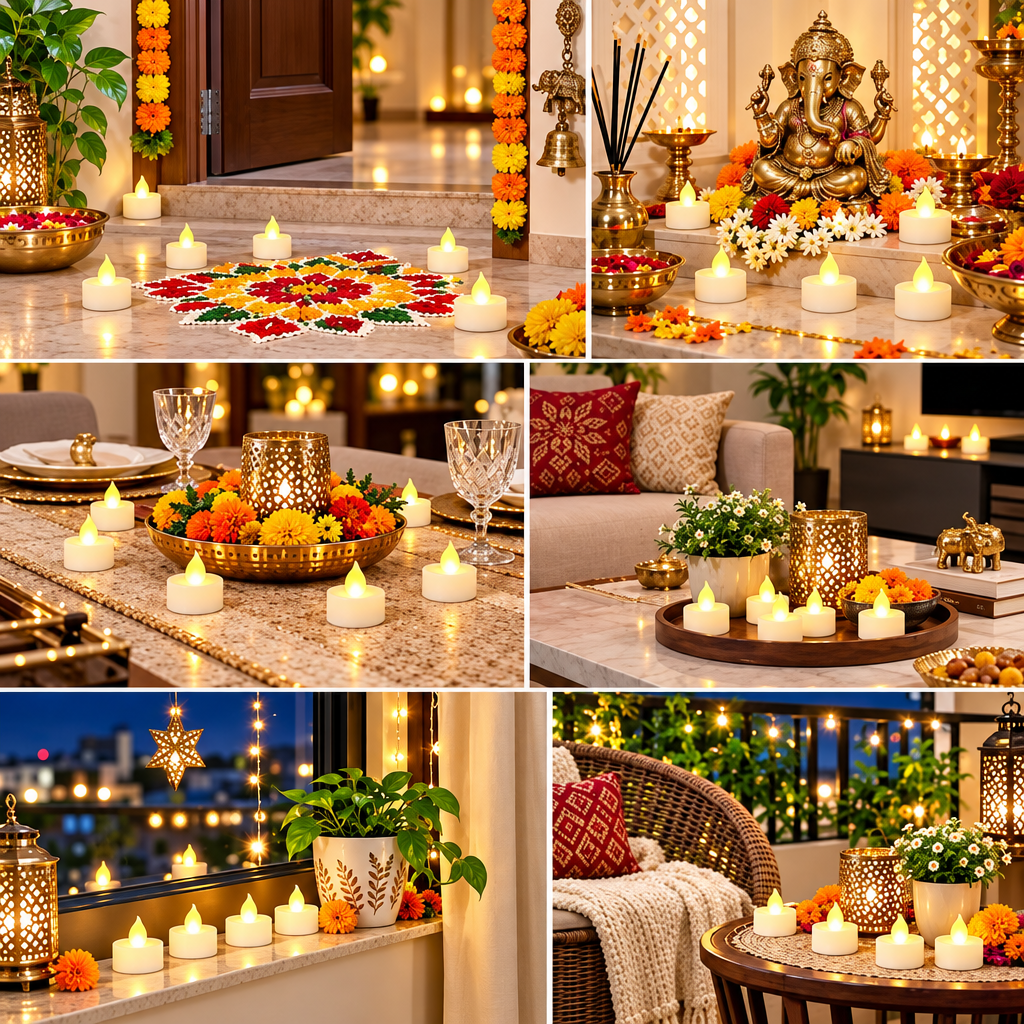 HD LED tealight candles styling ideas for rangoli, mandir and home décor