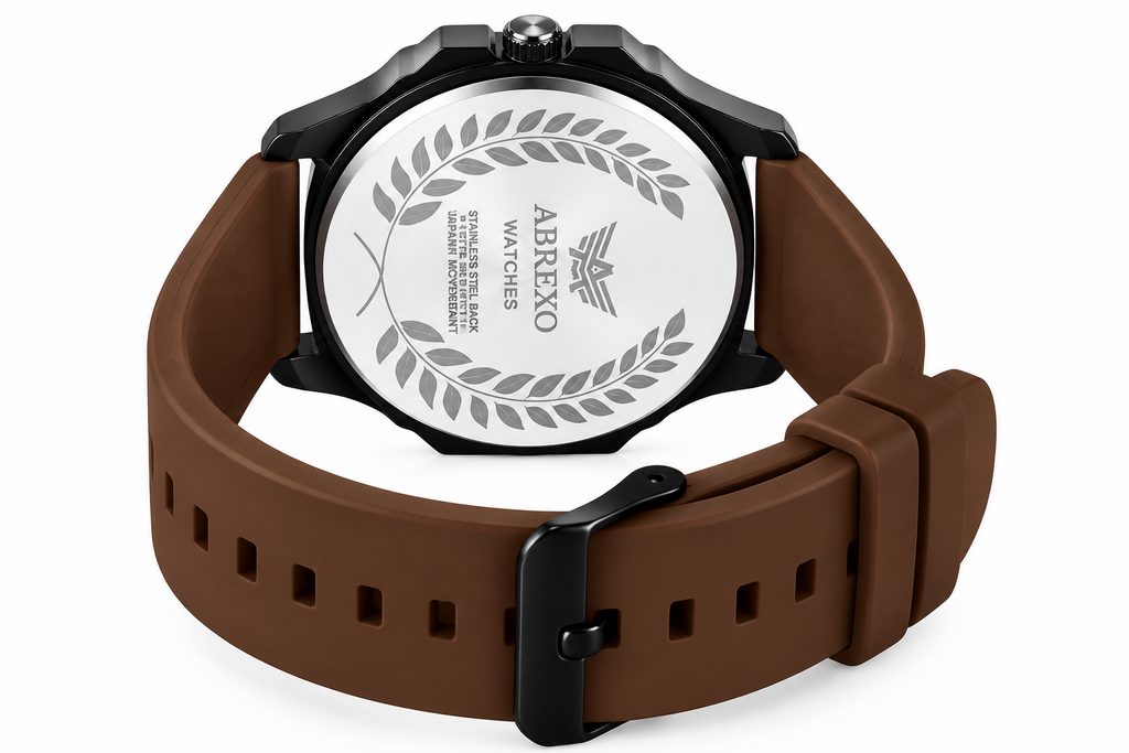 ABREXO men's watch back view with silicone brown strap and buckle