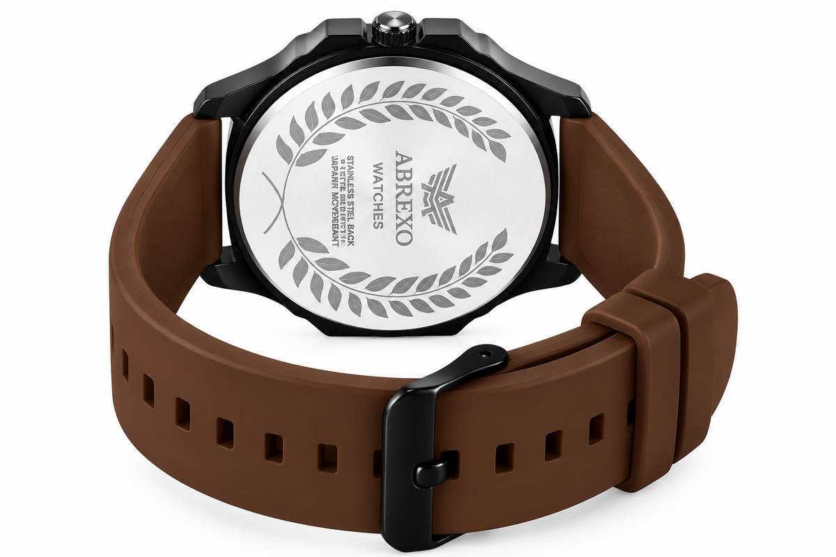 ABREXO men's watch back view with silicone brown strap and buckle