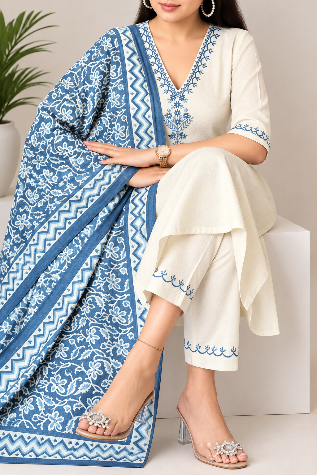 Model wearing cream embroidered kurta and pants with aqua printed dupatta