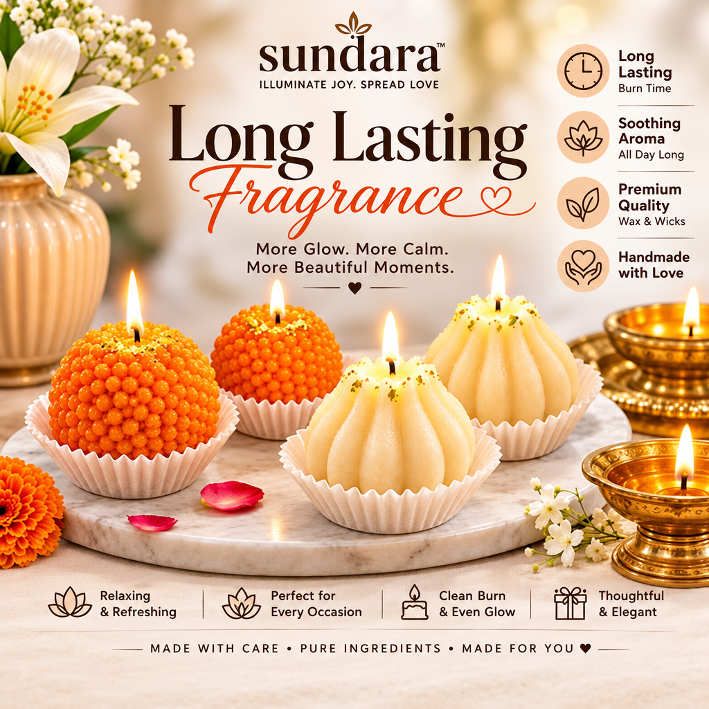 Ladoo and modak candles in a festive display