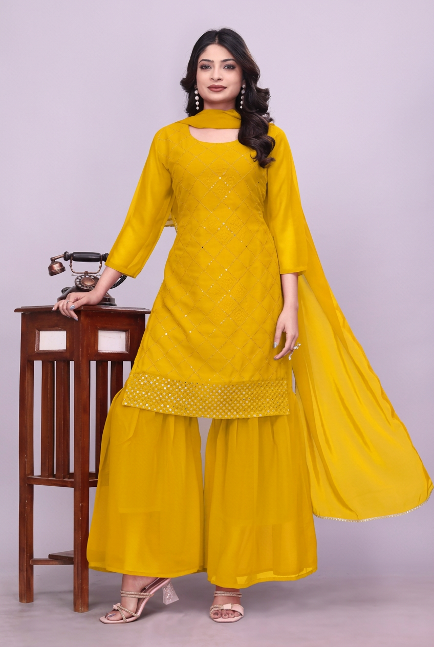 Yellow georgette kurta sharara set with dupatta