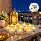 HD 12 LED tealight candles glowing on a table with lantern, pack of 12 label