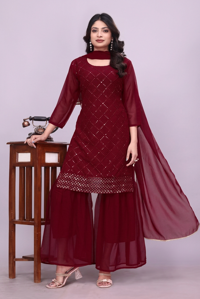 Maroon georgette kurta sharara set with dupatta