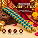Decorative teal and gold dandiya sticks with bells, pair of two