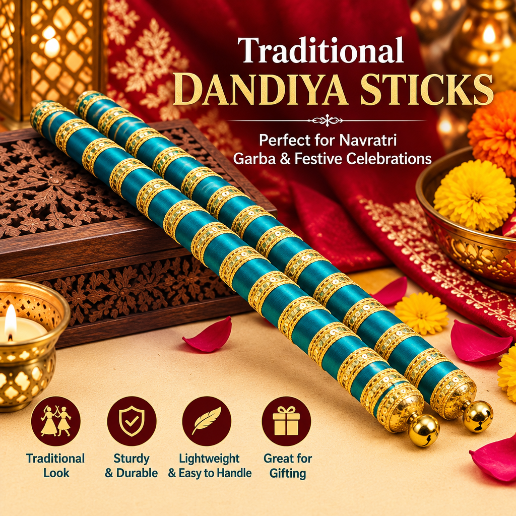 Decorative teal and gold dandiya sticks with bells, pair of two