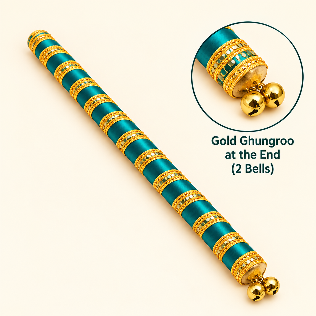 Decorative dandiya stick with gold lace and close-up of two bells