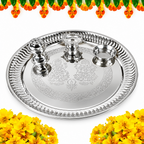 Silver stainless steel pooja thali with floral decoration