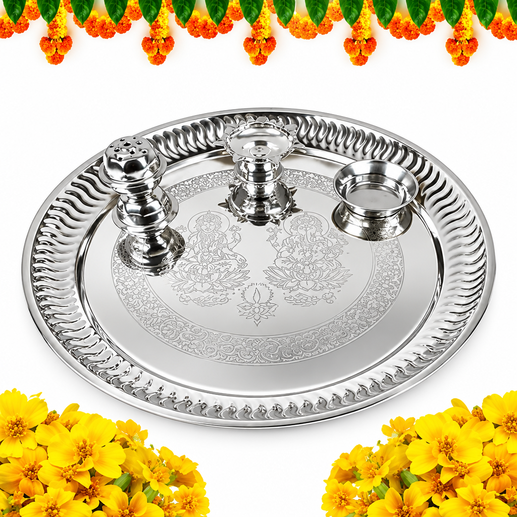 Silver stainless steel pooja thali with floral decoration