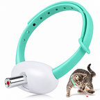 Turquoise adjustable cat collar strap with white light unit and silver nozzle, beside a cat illustration