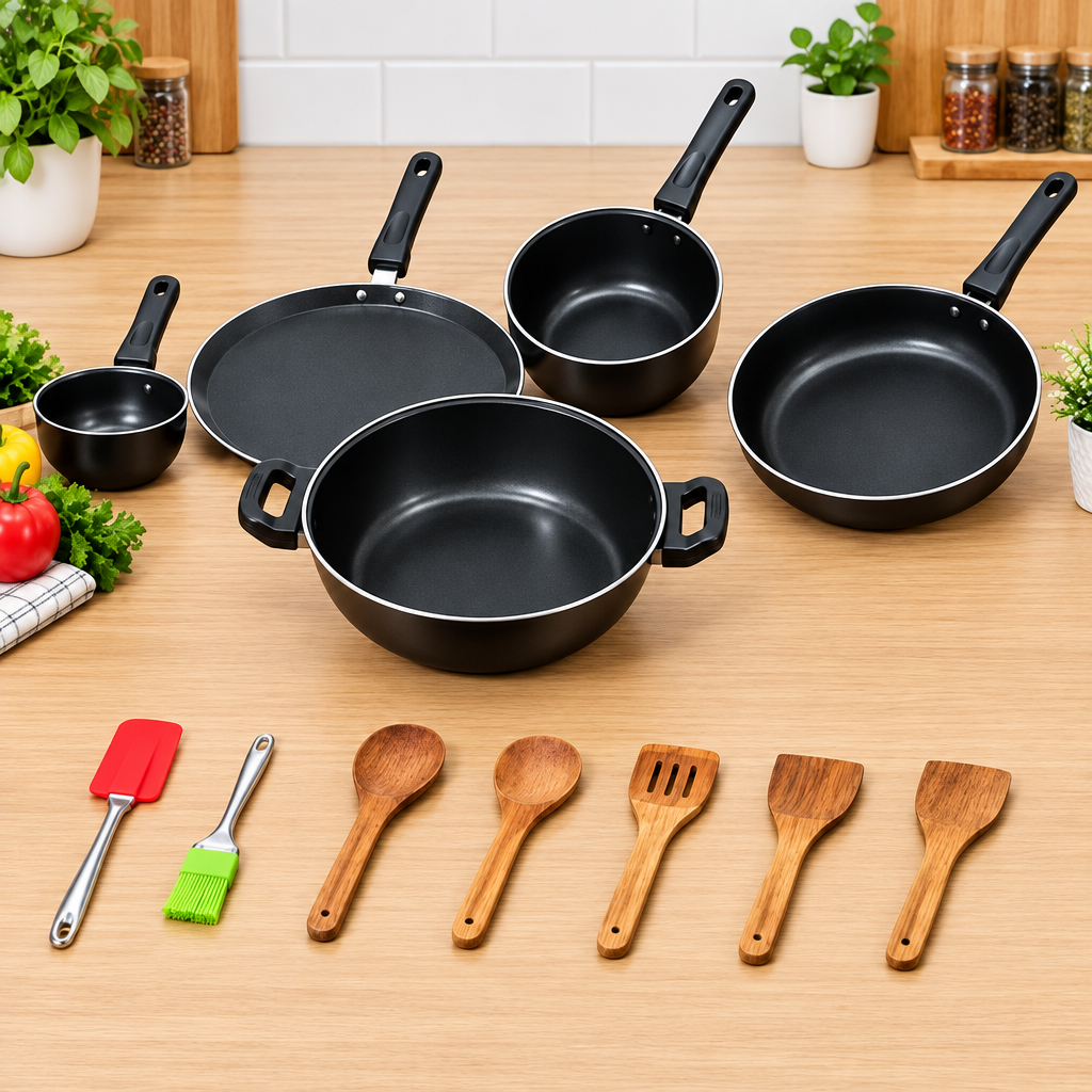 Clear product photo of five black cookware pieces and seven cooking utensils