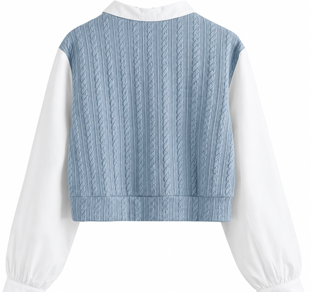 Full view of blue jacquard top with white collar and cuffed sleeves