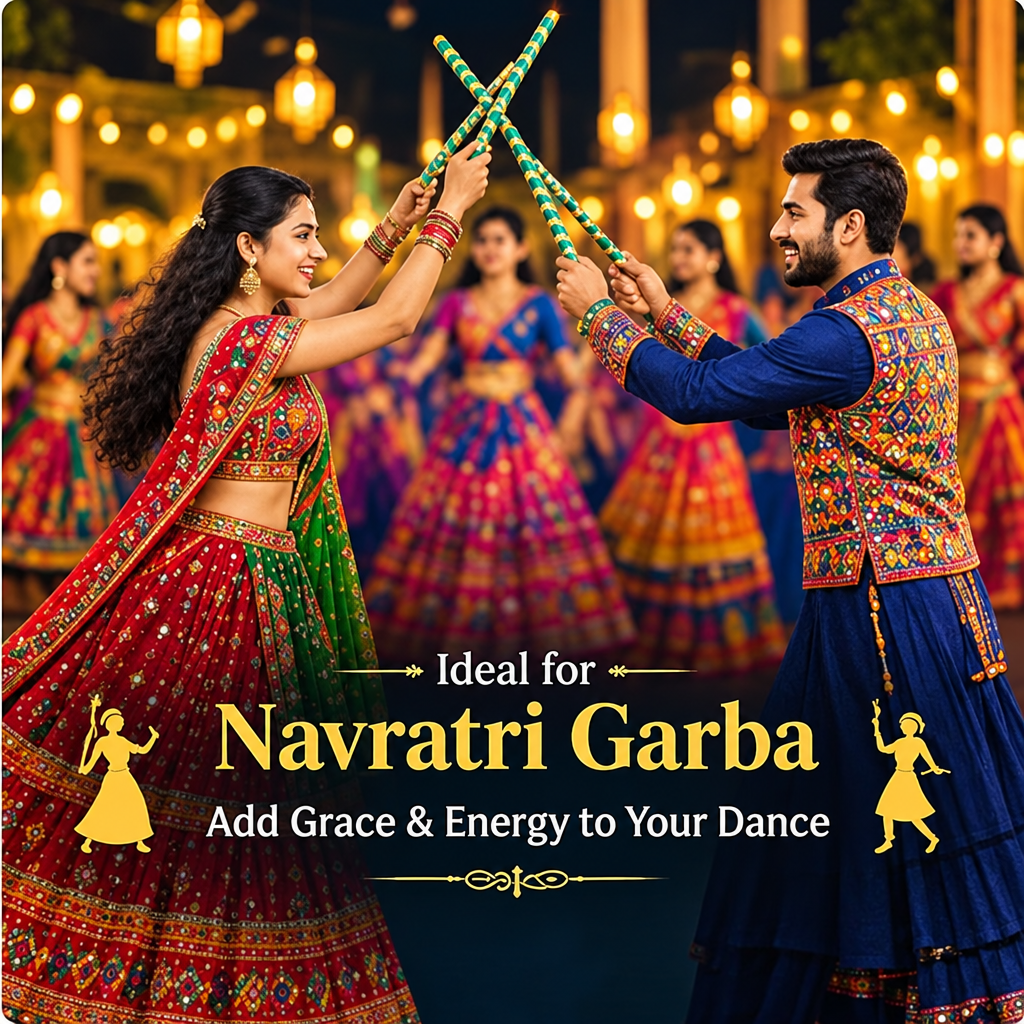 Garba dancers using decorative dandiya sticks