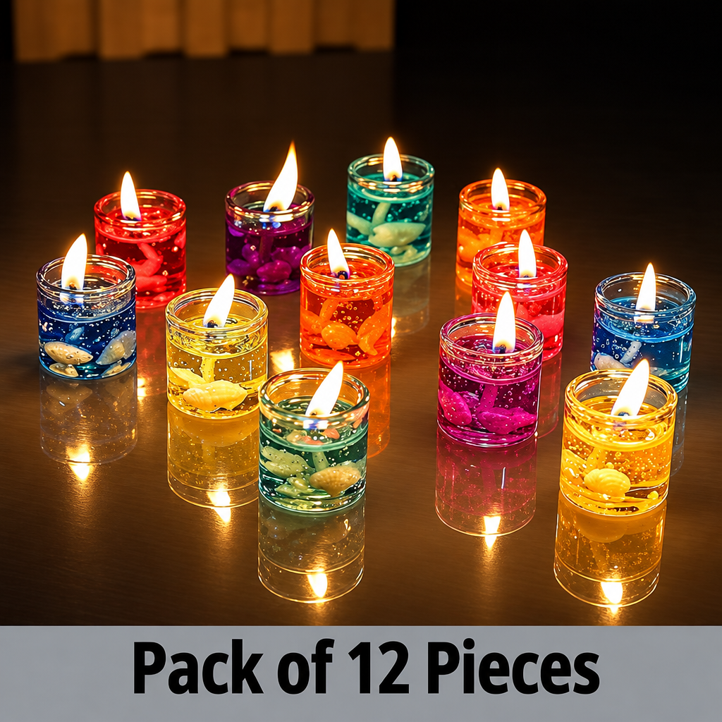 HD pack of 12 multicolour glass jelly gel candles lit on a table