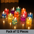 HD pack of 12 multicolour glass jelly gel candles lit on a table
