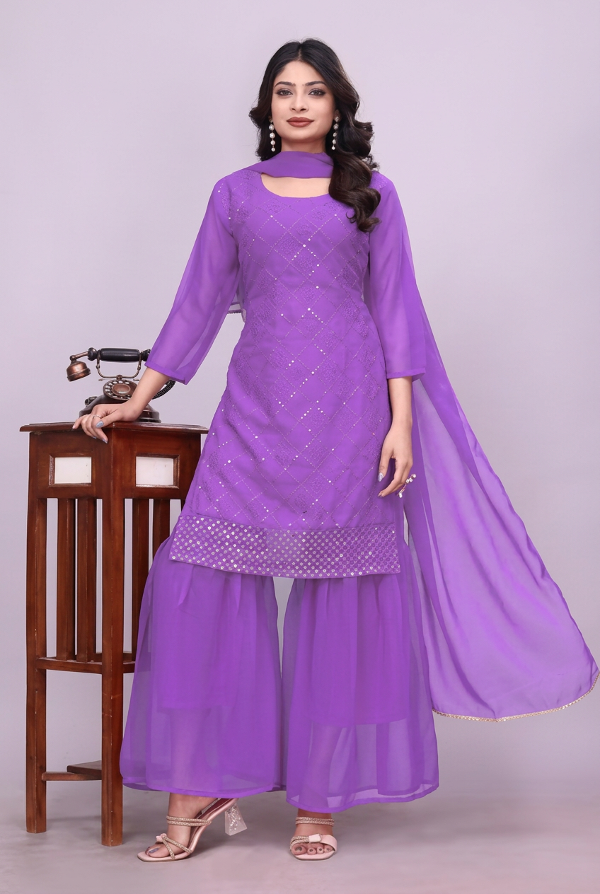 Purple georgette kurta sharara set with dupatta