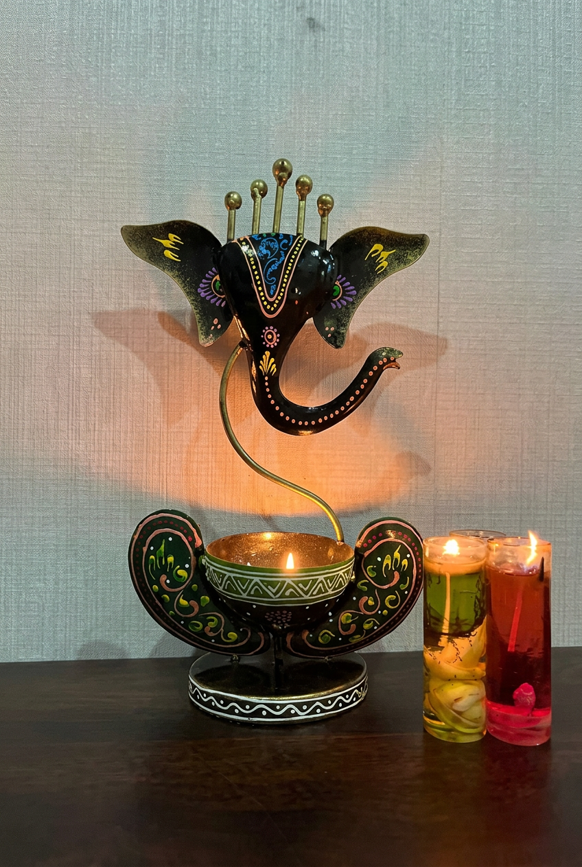 Ganesha candle holder with warm ambient lighting