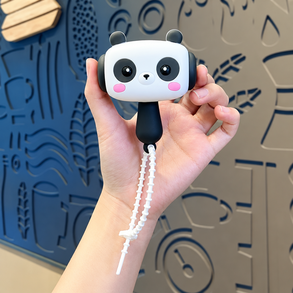 Black-and-white panda hammer toy with pink cheeks, a black handle and white wrist strap, held in a hand