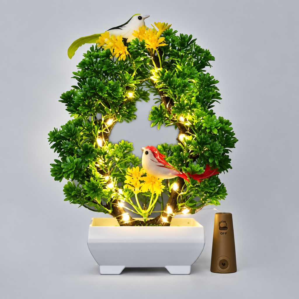 Artificial bonsai with two decorative birds, LED lights and white pot