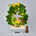 Artificial bonsai with two decorative birds, LED lights and white pot