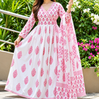 Model wearing pink floral printed Anarkali kurti with matching dupatta