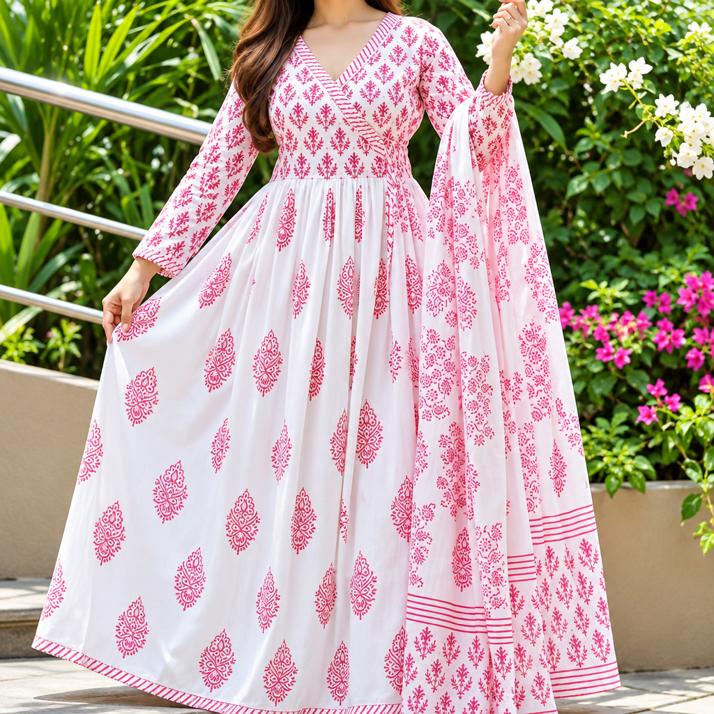 Model wearing pink floral printed Anarkali kurti with matching dupatta