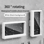 White wall-mounted phone holder with clear front shown in portrait and landscape orientations on grey tile