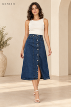 Blue button-front denim skirt, walking pose