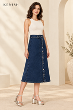 Blue button-front denim skirt, three-quarter view