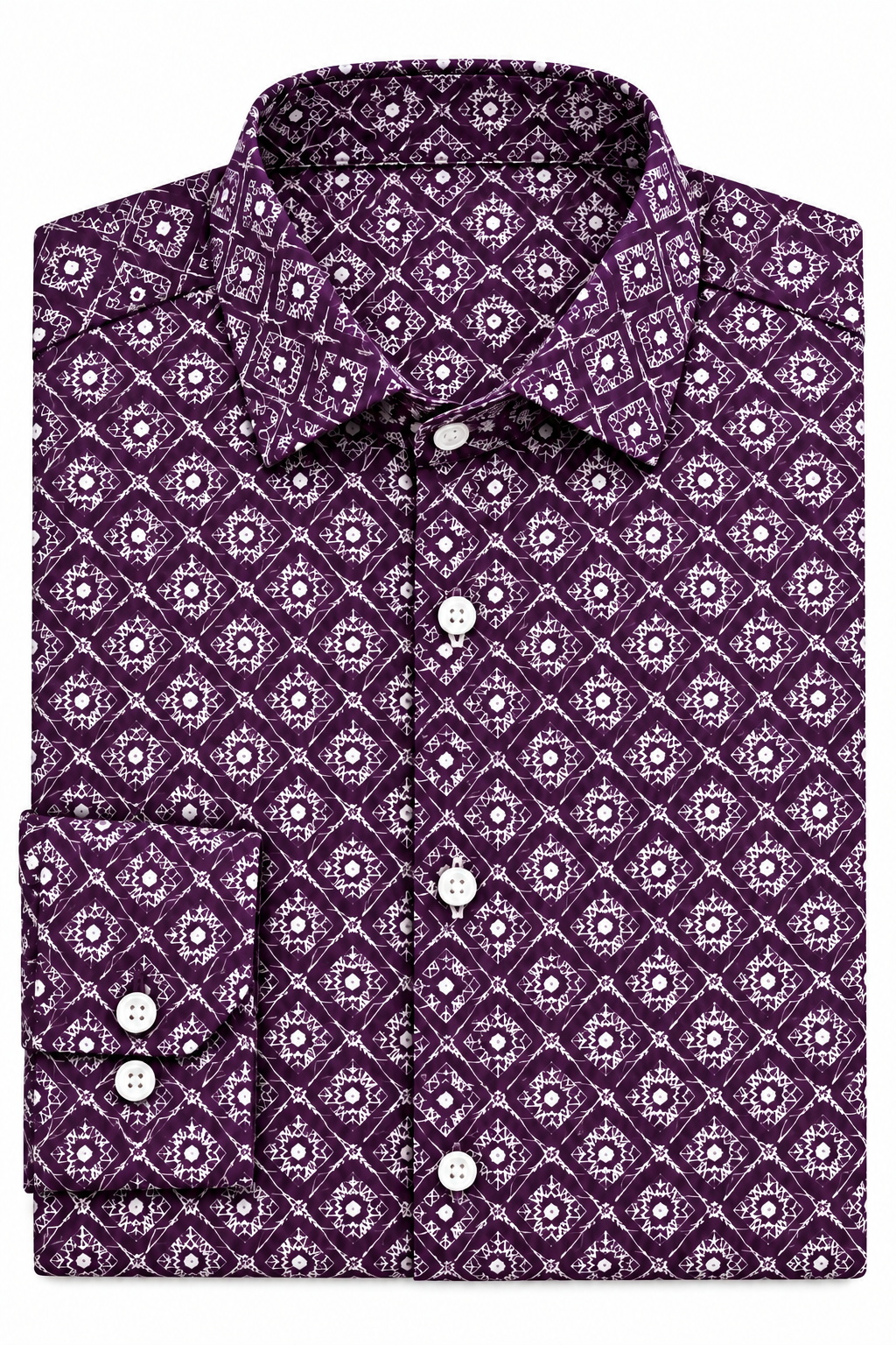 Close-up of the embroidered purple kurta fabric with buttons