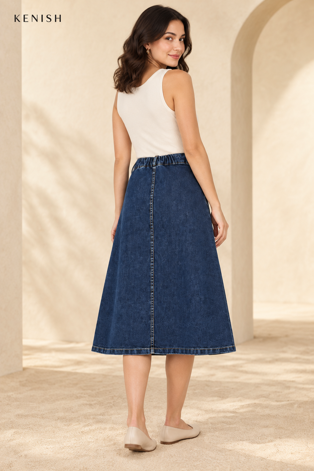 Blue denim midi skirt, rear view