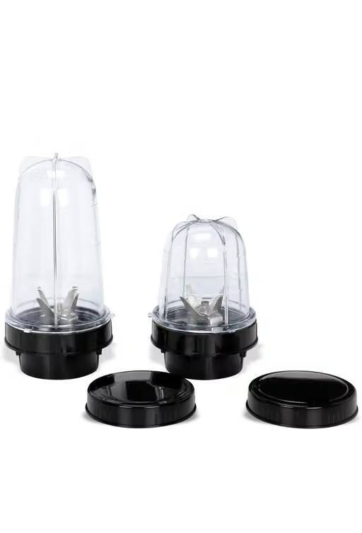 Two bullet jars with black lids and blade fittings