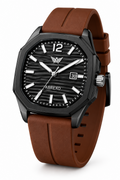 ABREXO men's analog watch in gift box, black dial, brown silicone strap