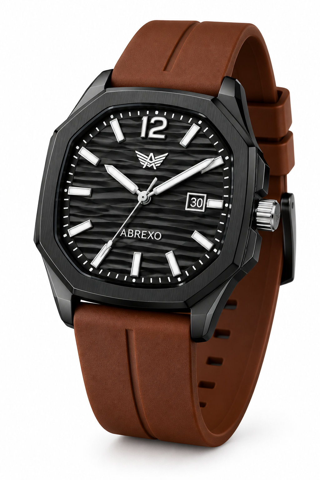 ABREXO men's analog watch in gift box, black dial, brown silicone strap