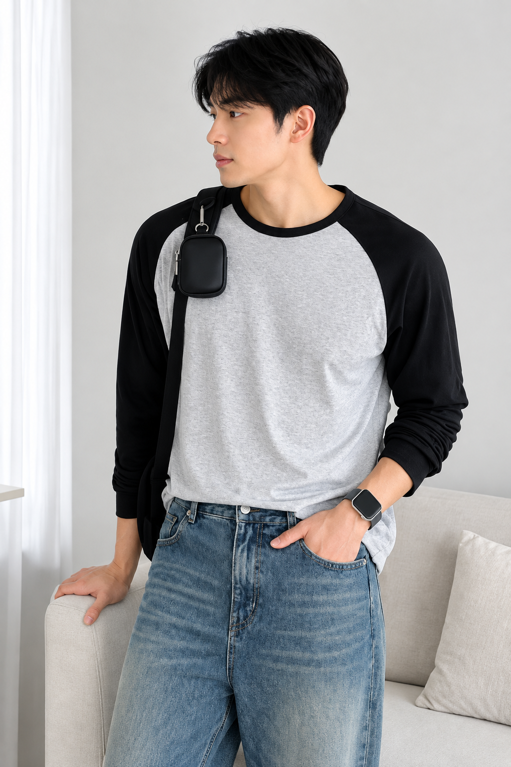 HD model wearing grey and black raglan full sleeve t-shirt