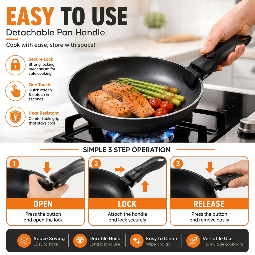 Detachable pan handle opening locking and release instructions