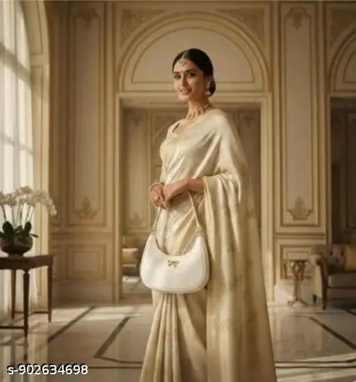 Woman in cream saree carrying the cream half-moon handbag