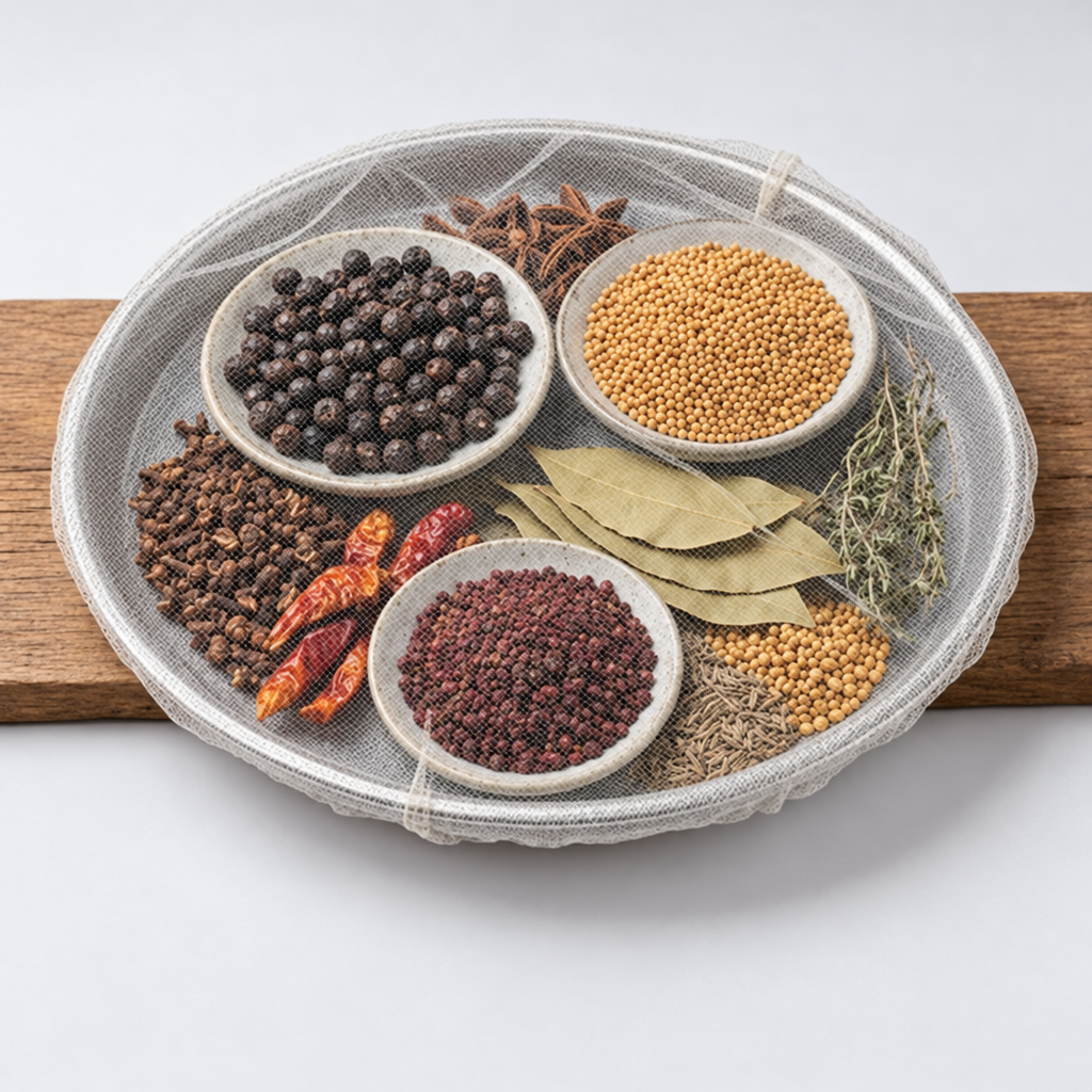 Fine translucent mesh cover stretched over a round tray containing bowls of spices and herbs